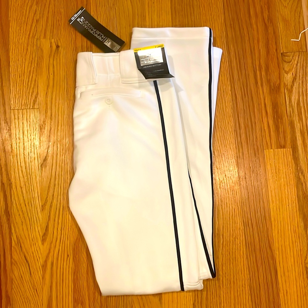 NWT MIZUNO Performance Plus Padded Baseball Pants YTH XL White w/ Navy Piping